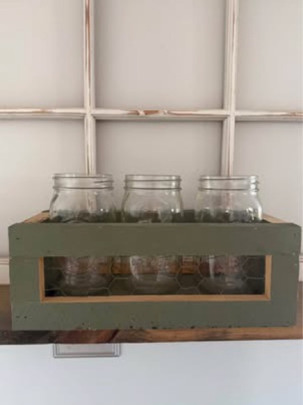 Rustic Green Wooden Crate with 3 Clear Glass Jars - Home Kitchen